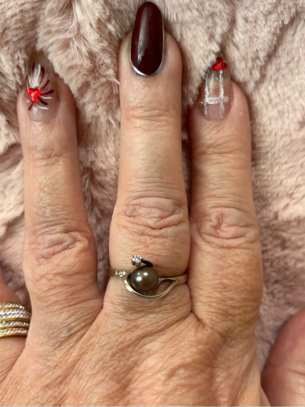 Real Pearl and Cubic Zirconia sterling Silver Ring - Dark Brown Pearl